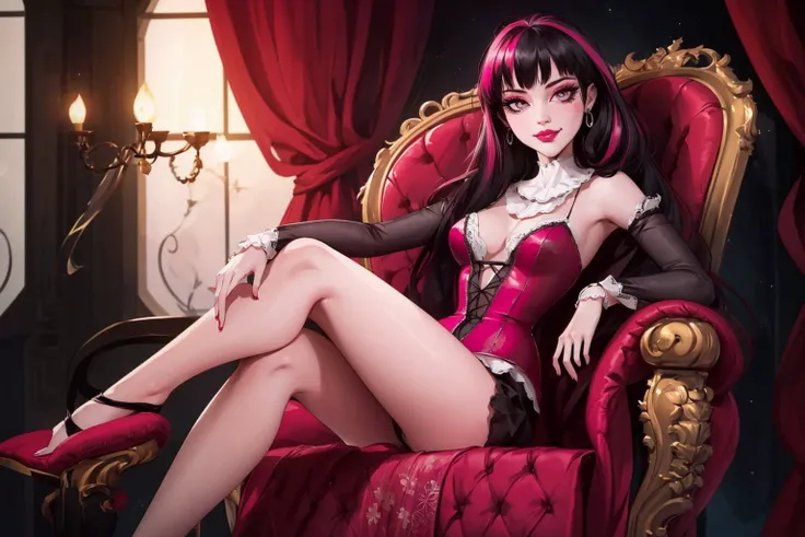 (masterpiece, , vibrant colors, super high realism, hyperealistic, high quality, 64k, uhd, extremely detailed, extremely intricate, professional)
BREAK
<lora:Draculaura1.0:0.85> Draculaura, 1girl, smirk, hands on arm's rest,
pink eyes, sitting on throne , gothic, castle in doors, throne room, wide shot, vampire queen
indoors, lounge room