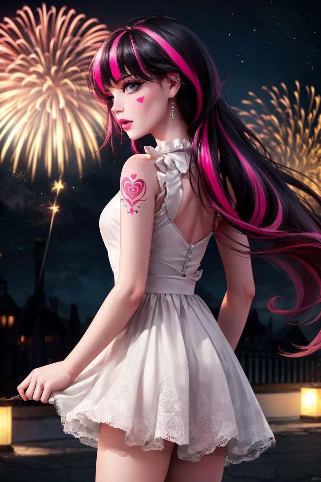 (masterpiece, , vibrant colors, super high realism, hyperealistic, high quality, 64k, uhd, extremely detailed, extremely intricate, professional)
BREAK
night, night sky, fireworks, bright fireworks
<lora:Draculaura1.0:0.85> heart shaped, face tatoo, pink heart, Draculaura, 1girl, pink hair, multicolored hair, black hair, watching fireworks, windy, from bellow, from behind, , dress