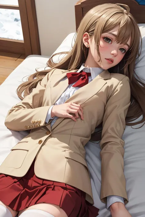 ((masterpiece)), (best quality), official art, extremely detailed CG, unity 8k wallpaper, ultra detailed, highly detailed, detailed background, vivid color, photorealistic, perfect lighting, best illumination,
chiaki, long hair, blonde hair, ahoge, brown eyes, brown hair, flat chest, school uniform, beige blazer, neck ribbon, red skirt, black thighhighs, Lying on the back, pretending to make a snow angel,
<lora:chiaki_ver1.0_4:0.6>