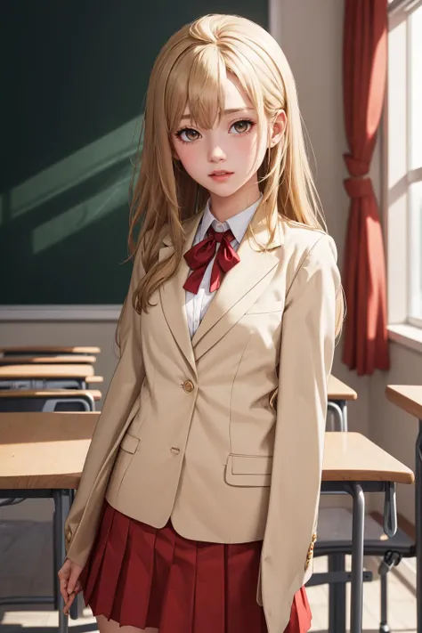((masterpiece)), (best quality), official art, extremely detailed CG, unity 8k wallpaper, ultra detailed, highly detailed, detailed background, vivid color, photorealistic, perfect lighting, best illumination,
chiaki, long hair, blonde hair, ahoge, brown eyes, brown hair, flat chest, school uniform, beige blazer, neck ribbon, red skirt, black thighhighs, classroom,
<lora:chiaki_ver1.0_4:0.6>