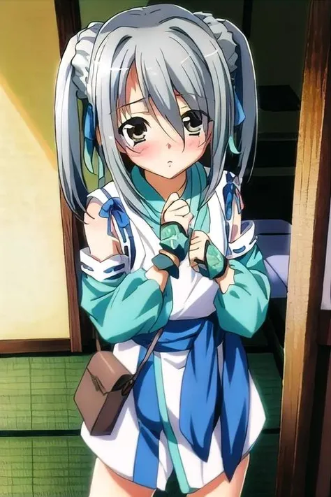 1girl, masterpiece, best quality, absurdres, cute, extremely detailed face, perfect lighting, blush, japanese room, <lora:takenaka_hanbee-000080:0.8>, takenaka hanbee, twintails, hair ribbon, detached sleeves, japanese clothes, fingerless gloves, bag, obi, wariza