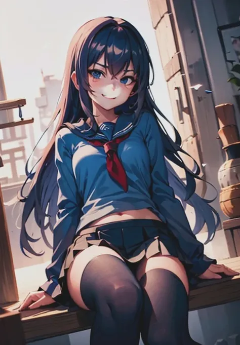 Young girl with black hair, long twintail,  twintail hairstyle, (blue eyes),, ((small bushy eyebrows)), wearing gothic ta clothing, loli, walking to school, flirty smile, ,sitting with open legs, lifting her skirt to show her vagina wet with semen