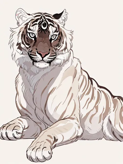 a white tiger laying down on a white background with a black and brown stripe on its chest and eyes , <lora:AnimaliaStyle-000005:.7>