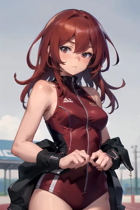 <lora:bilibili-xiaolu:0.5>, 1girl, red hair, slender, small breasts, ((track outfit, face portrait)), masterpiece, high resolution, high quality, 8k, artstation, best quality, track field, sunny, cozy