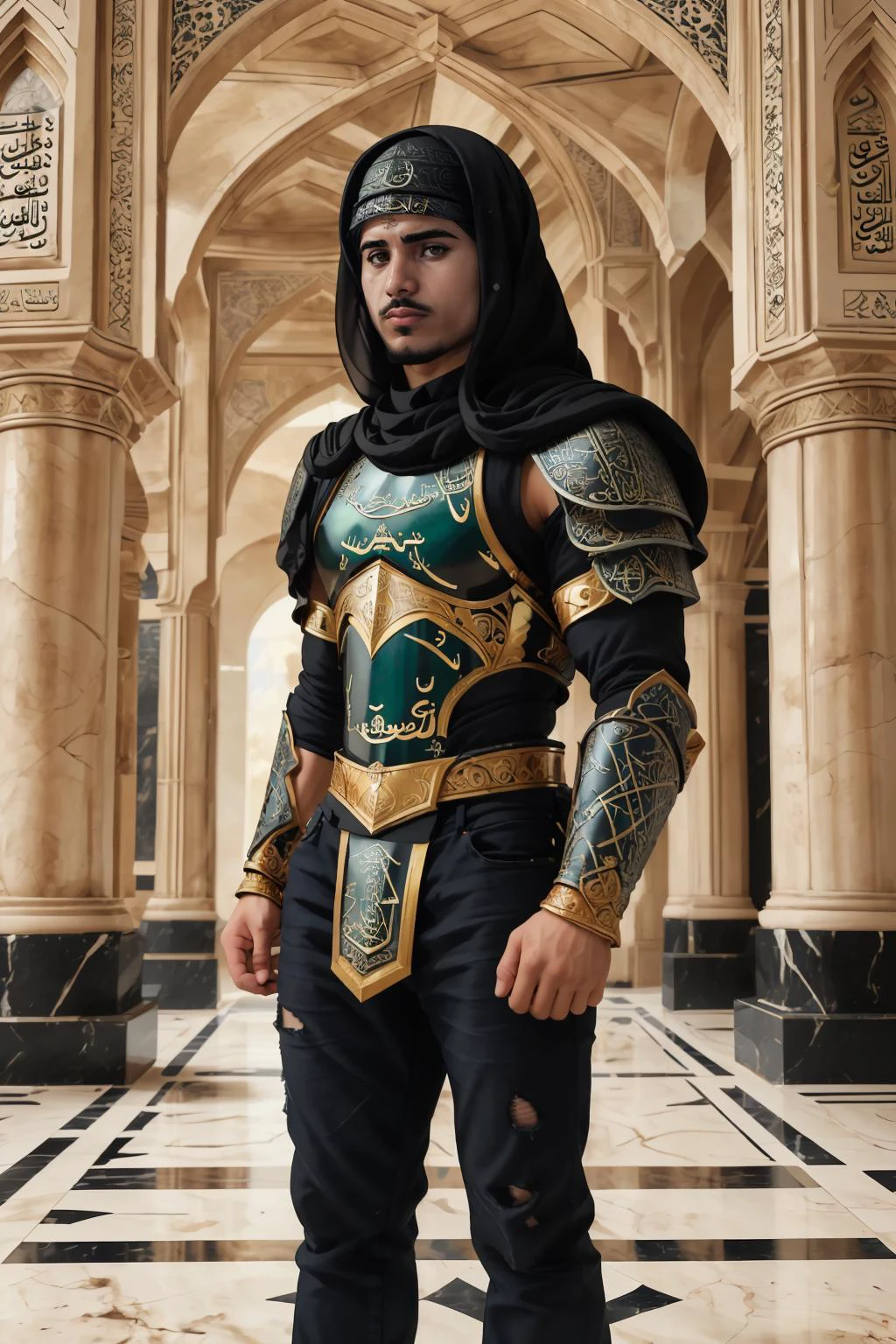 male focus, <lora:fmounshed-14:0.75> fmounshed, facial hair, Jean-Léon Gérôme style, digital illustration, looking at viewer, mysterious expression, (ethereal abstract islamic art), BREAK <lora:Clothing - Gold Black Marble Armor:0.8> marb1e4rmor, marble islamic armor