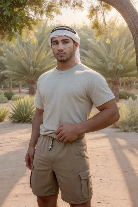 <lora:fmounshed-14:0.6> photo of fmounshed man wearing cargo shorts, bare legs, and gym shirt, (keffiyeh) BREAK natural soft light filtered through the trees, lush oasis at the edge of a desert, golden hour