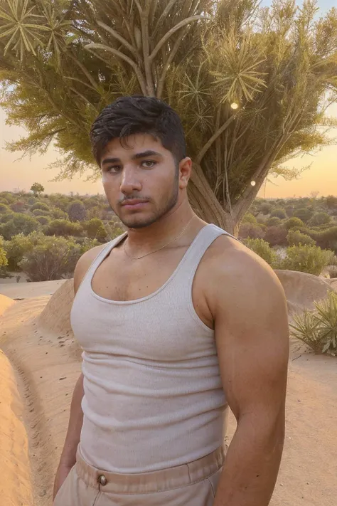 <lora:fmounshed-14:0.8> photo of fmounshed man wearing cargo pants and tank top, keffiyeh worn around the neck BREAK natural soft light filtered through the trees, lush oasis at the edge of a desert, golden hour