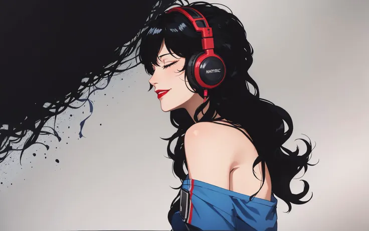 <lora:Cyber City Oedo - sarah:0.7> sarah, 1girl, black hair, wavy hair, longhair, blue eyes, red_lips, listening to music, oversized t-shirt, shoulders, standing, smile, headphones, from the side, closed eyes, abstract background