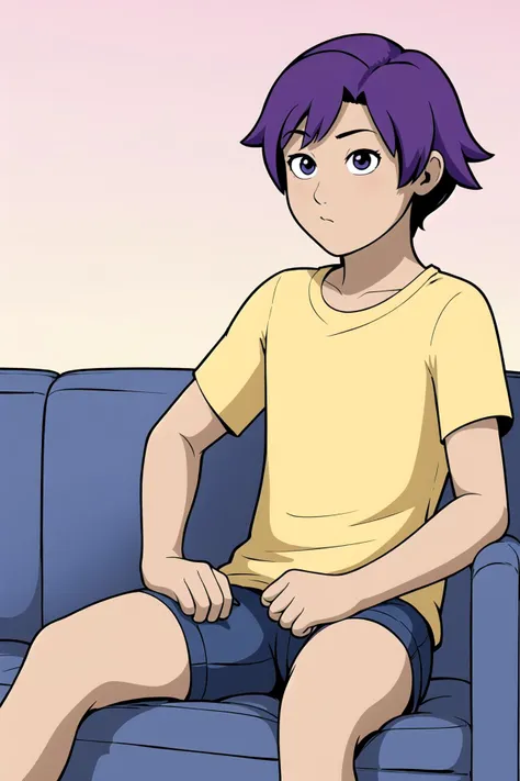 <lora:El Goonish shive V1e4:0.6>, (tedd:1.2) short purple hair, t-shirt, sitting on couch, gradient background