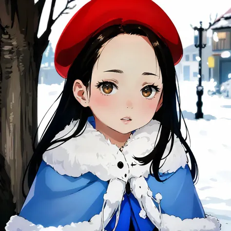 <lora:noline:0.3>,<lora:boldline:-0.3>,
<lora:ESPRaDe_Irori_v1:0.8>,
masterpiece,highres,high quality,extremely detailed,
nature,snow,
parted lips,
solo,solo focus,
1girl,brown hair,long hair,Forehead,brown eyes,
standing,
red beret,
BREAK
blue dress,blue capelet,
upper body,