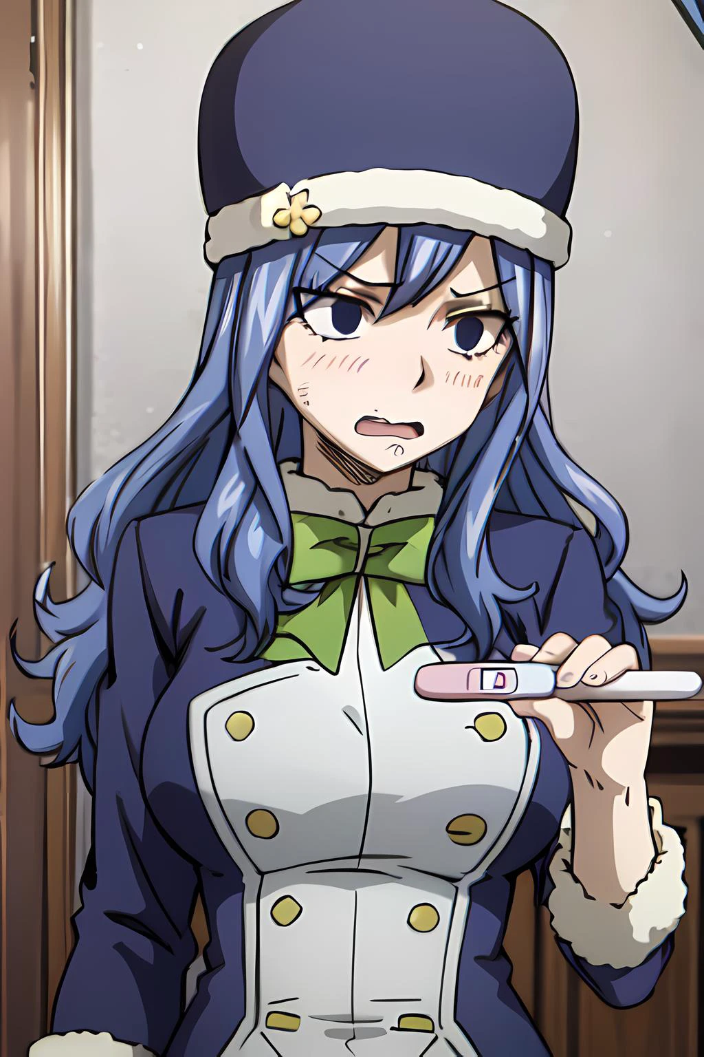 <lora:pregnant-05:1.0>, (upper body), 1girl, juvials, wavy mouth, looking to the side, shy, brush, holding, ponting at (pregnancy test:1.3), pregnancy announcement, pregnancy test strip <lora:juvia-05:1>, masterpiece, absurdres , (intricate details), (colorful),cinematic lighting,bust shot,extremely detailed CG unity 8k wallpaper,