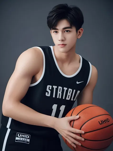 1boy,18 years old,handsome,muscular,male focus,basketball,solo,sportswear,basketball uniform,black hair,short hair,realistic,ball,looking at viewer,jersey,black eyes,holding ball,(incredibly absurdres:2),(wallpaper:2),(UHD:2),(8K:2),