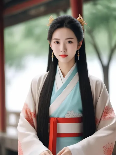 1girl,realistic,background blurred,long hair,black hair,blurred,Hanfu,Chinese clothing,long sleeves,smile,jewelry,necklace,earrings,(incredibly absurdres:2),(wallpaper:2),(8K:2),