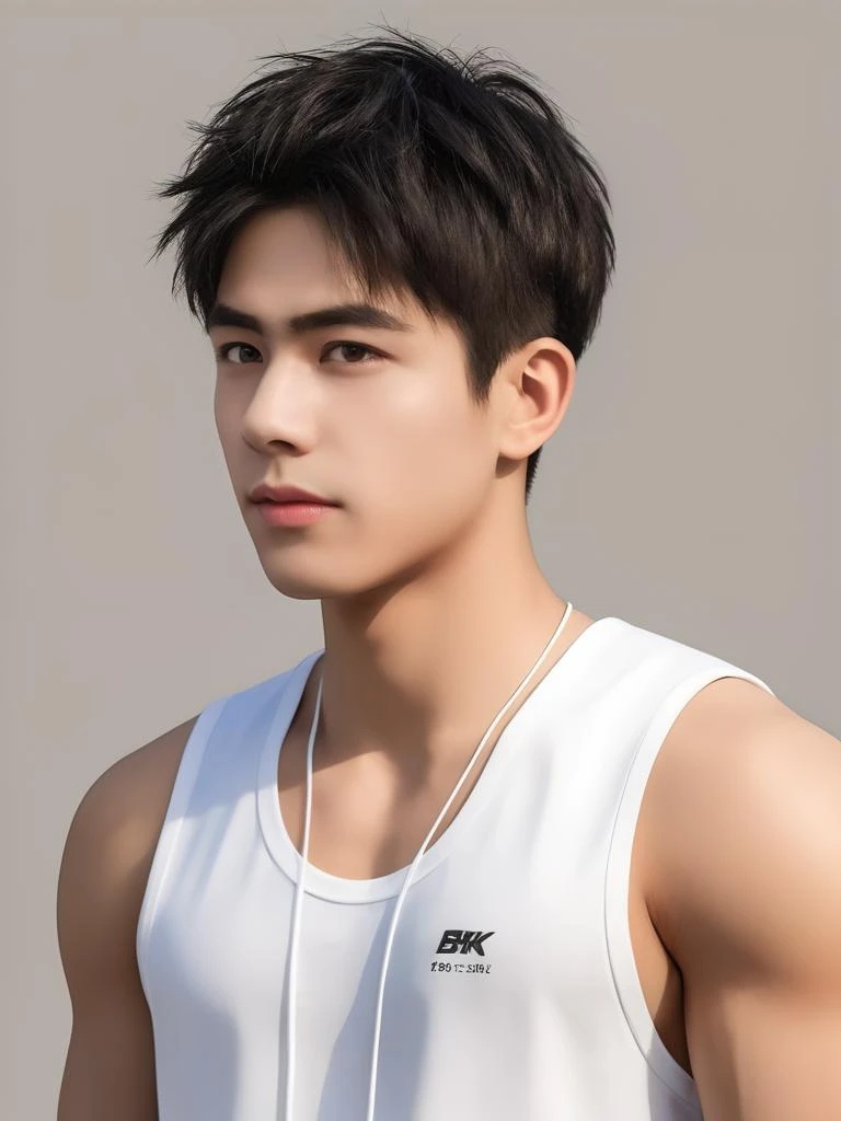 1boy,16 yesrs old,male focus,solo,pectorals,muscular,looking at viewer,black hair,short hair,(sports head band:1.5),muscular male,upper body,black tank top,black eyes,short hair,realistic,headphones,(short hair:1.2),(incredibly absurdres:2),(wallpaper:2),(8K:2),