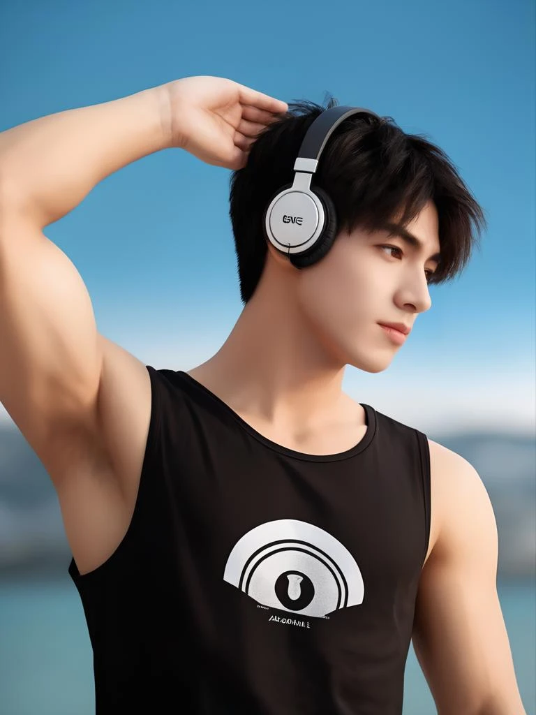 1boy,rs old,male focus,solo,pectorals,muscular,looking at viewer,black hair,short hair,head band,muscular male,upper body,black tank top,black eyes,short hair,realistic,headphones,(short hair:1.2),(incredibly absurdres:2),(wallpaper:2),(8K:2),