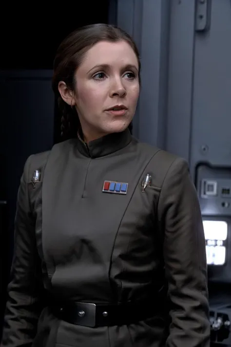 carrie fisher_v1 in imperialofficer uniform,in a hallway, 8k uhd, dslr, soft lighting, high quality, film grain,masterpiece quality,Fujifilm <lora:ImpofficerV2:0.7> <lora:Carrie Fisher:0.7>