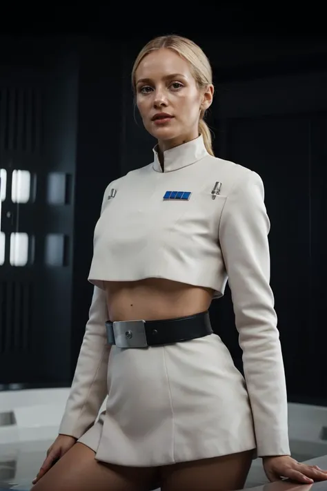 fashion photography of a very beautiful 32 year old Finnish woman wearing a revealing white imperialofficer uniform, sexy imperialofficer uniform, (crop top:1.1, nude legs, bare legs),Astrophysics and Stellar Cartography Lab, sexy pose, subsurface scattering, sharp focus (Flickering light:1.1), dlsr, ultra sharp, professional Photographer, subsurface scattering, film grain, very detailed skin texture, nsfw <lora:ImpofficerV2:0.7>