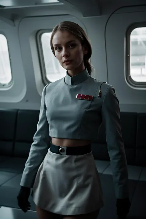 fashion photography, old british scifi tv show, nsfw, (group profile :1.1), photo portrait of a 32 year old very cute Slovak woman, 70's haircut, naughty face, looking at the camera, wearing a (revealing ImpofficerV2 uniform:1.1), (no pants, pants off:1.1), bare legs,  sexy s1999unf uniform, (cameltoe:1.1), (crop top:1.1), (underboob:1.1), navel, midriff, sexy pose, provocative pose, subsurface scattering, sharp focus (Flickering light:1.1), dlsr, ultra sharp, 8k,Retro-futuristic subway carriage converted into a lounge reminiscent of 'Star Wars' The setting should be filled with advanced technology, sleek design, and a sense of wonder. Capture the ambiance of the environment with attention to details like the architecture, lighting, and (futuristic gadgets:1.1). Include shots of characters in the (iconic space uniforms:1.1), engaging in (scientific activities:1.2). Emulate the show's distinctive (retro-futuristic aesthetics:1.1), blending sleek modernism with a sense of cosmic adventure 