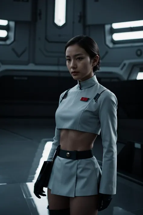 fashion photography, old british scifi tv show, nsfw, (group profile :1.1), photo portrait of a 25 year old shy Korean woman, 70's haircut, naughty face, looking at the camera, wearing a (revealing ImpofficerV2 uniform:1.1), (no pants, pants off:1.1), bare legs, sexy s1999unf uniform, (cameltoe:1.1), (crop top:1.1), (underboob:1.1), navel, midriff, sexy pose, provocative pose, subsurface scattering, sharp focus (Flickering light:1.1), dlsr, ultra sharp, 8k,Hovering platform overlooking a sprawling cyber city reminiscent of 'Star Wars' The setting should be filled with advanced technology, sleek design, and a sense of wonder. Capture the ambiance of the environment with attention to details like the architecture, lighting, and (futuristic gadgets:1.1). Include shots of characters in the (iconic space uniforms:1.1), engaging in (scientific activities:1.2). Emulate the show's distinctive (retro-futuristic aesthetics:1.1), blending sleek modernism with a sense of cosmic adventure <lora:ImpofficerV2:0.7>