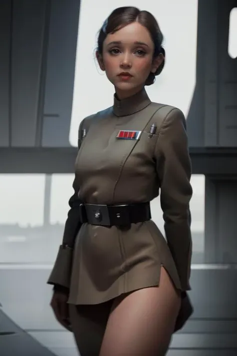 Carrie Fisher wearing a (brown imperialofficer uniform:1.4), 
 focus, 1girl, , outdoors, vivid hair, (looking at viewer:0.5),  half body, brown micro skirt, thigh gap, 
 spoken !,  , (princess leia hair style:1.2), 
 star wars, stars, Imperial base,
, brown hair, 
ankymoore,  ( illustration:1.4),
((shortstack:1.5)), (skindentation:1.5)
, ,ankymoore, posing, 
flat breast, flat chest, straight hair,  looking at viewer,   (masterpiece), (best quality:1.2), absurdres, intricate details,  , <lora:ankymoore:0.42>
(masterpiece, best quality), intricate details,    ((blushing)),  (tight gap:1.2), bare tights, 
absurdres, ((cinematic lighting)),ultra detailed, highres,  best quality, face focus, (8k, RAW photo, best quality, masterpiece:1.2), photon mapping,  35mm focal length ,particles, accent lighting,
 film grain, depth of field,   ((masterpiece:1.2)), ((best quality:1.2)),   ,beautiful lighting ,   high detailed, 8k, muted colors, chromatic aberration, ,vibrant  , behance hd, best quality, (realistic:1.2), (low contrast:0.8), wide depth of field, bloom, accent lighting, extremely detailed, 8k, hyper detailed, best quality, ultra high res, high resolution,  (photorealistic:1.4)
<lora:ImpofficerV2:0.78>   <lora:starwars:0.74> <lora:Carrie Fisher:0.76>