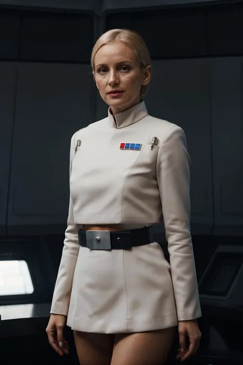 fashion photography of a  shy 42 year old  Polish woman wearing a revealing white imperialofficer uniform, sexy imperialofficer uniform, (crop top:1.1, nude legs, bare legs), brown left sleeve,Eagle Reconnaissance Flight Deck, sexy pose, subsurface scattering, sharp focus (Flickering light:1.1), dlsr, ultra sharp, professional Photographer, subsurface scattering, film grain, very detailed skin texture, nsfw <lora:ImpofficerV2:0.7>