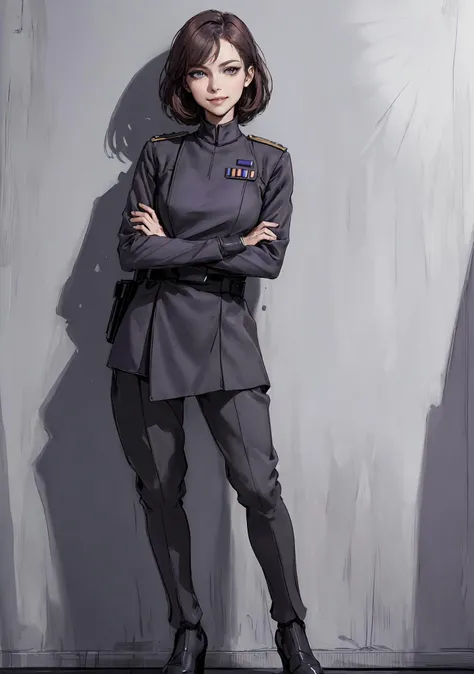 ((best quality, masterpiece:1.2), star wars theme, 8k detailed photo), ESTL, Gorgeous Star Wars Imperial death star officer, rank insignia,  ((full body leaning against wall)), (folded arms), (slender build, action pose), (death star theme), ((purple:grey eyes)), makeup, mascara, eyeshadow, red lipstick, light brown hair, ((arrogant expression, proud smile, looking at camera, best quality, perfect face, half-smile, RAW photo))  <lora:ImpofficerV2:0.4>
