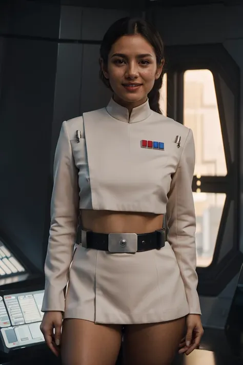 fashion photography of a smiling 18 year old Mexican woman wearing a revealing white imperialofficer uniform, sexy imperialofficer uniform, (crop top:1.1, nude legs, bare legs), brown left sleeve,Moonbase Alpha Main Mission Control Room, sexy pose, subsurface scattering, sharp focus (Flickering light:1.1), dlsr, ultra sharp, professional Photographer, subsurface scattering, film grain, very detailed skin texture, nsfw <lora:ImpofficerV2:0.7>