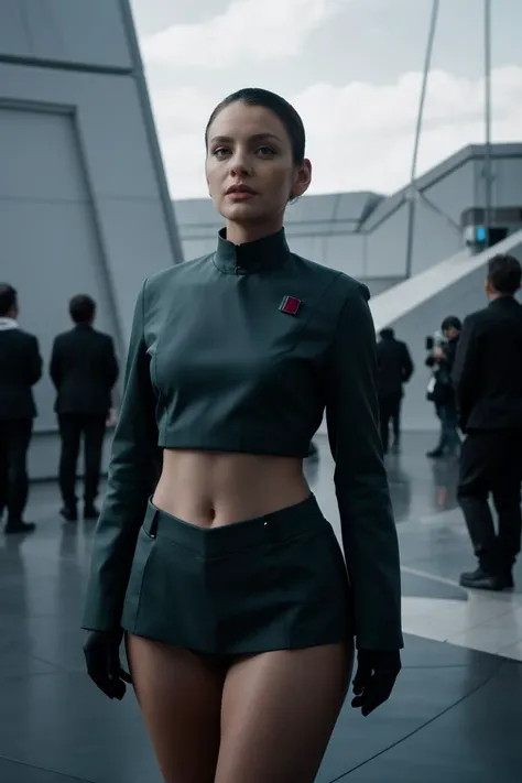 fashion photography, old british scifi tv show, nsfw, (group profile :1.1), photo portrait of a 37 year old very beautiful Czech woman, 70's haircut, naughty face, looking at the camera, wearing a (revealing ImpofficerV2 uniform:1.1), (no pants, pants off:1.1), bare legs, sexy s1999unf uniform, (cameltoe:1.1), (crop top:1.1), (underboob:1.1), navel, midriff, sexy pose, provocative pose, subsurface scattering, sharp focus (Flickering light:1.1), dlsr, ultra sharp, 8k,Rooftop garden amidst skyscrapers with digital waterfalls reminiscent of 'Star Wars' The setting should be filled with advanced technology, sleek design, and a sense of wonder. Capture the ambiance of the environment with attention to details like the architecture, lighting, and (futuristic gadgets:1.1). Include shots of characters in the (iconic space uniforms:1.1), engaging in (scientific activities:1.2). Emulate the show's distinctive (retro-futuristic aesthetics:1.1), blending sleek modernism with a sense of cosmic adventure <lora:ImpofficerV2:0.7>