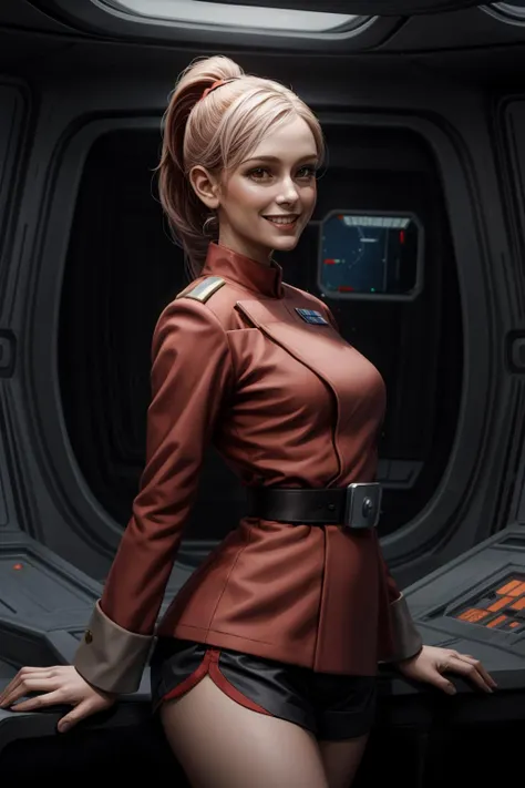 high quality, half-body character portrait, 1girl, pretty, adult, curvy, ponytail dark-red hairs, wears shorts, imperialofficer uniform <lora:ImpofficerV2:0.65>, in starship laboratory, restore face, smile emotion
 <lora:add_detail:1.5>
