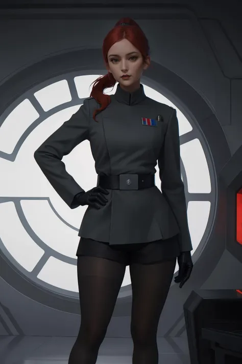 high quality, half-body character portrait, 1girl, pretty, adult, curvy, ponytail dark-red hairs, wears shorts, imperialofficer uniform <lora:ImpofficerV2:0.65>, black tights, in starship laboratory, restore face