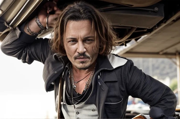 1boy, PORTRAIT, REALISTIC, PHOTOREALISTIC, Johnny Depp, a Car mechanic at work, <lora:Johnny Depp:1> johdpe1