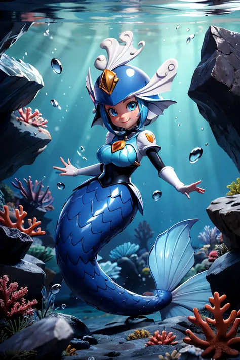 splash woman, blue helmet, mermaid, monster girl, android, black suit, elbow gloves, blue eyes, white gloves, looking at viewer, smiling, submerged in water, inside a swimming pool, outside, backyard, fence, trees, autumn, overcast, high quality, masterpiece, <lora:Splash_Woman:.8>