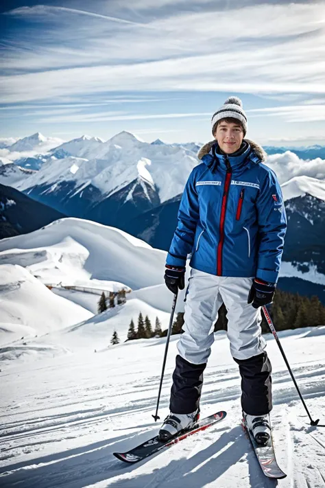 Alpine resort, alps in the background, ((snowboarding)), smiling, freckles, LiamPhoenix, wearing a pale blue ski jacket, ski pants, ski boots, gloves, (((full body portrait))), wide angle <lora:LiamPhoenix:0.8>