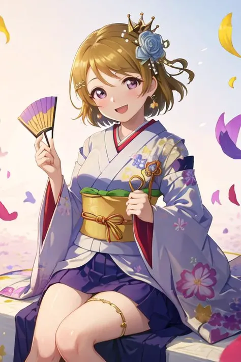 best quality, masterpiece, highres, solo, {koizumi_hanayo_lovelive:1.15}, short_hair, brown_hair, purple_eyes, smile, blush, open_mouth, hair_ornament, 1girl, flower, folding_fan, hair_flower, hand_fan, japanese_clothes, looking_at_viewer, detached_sleeves, chibi