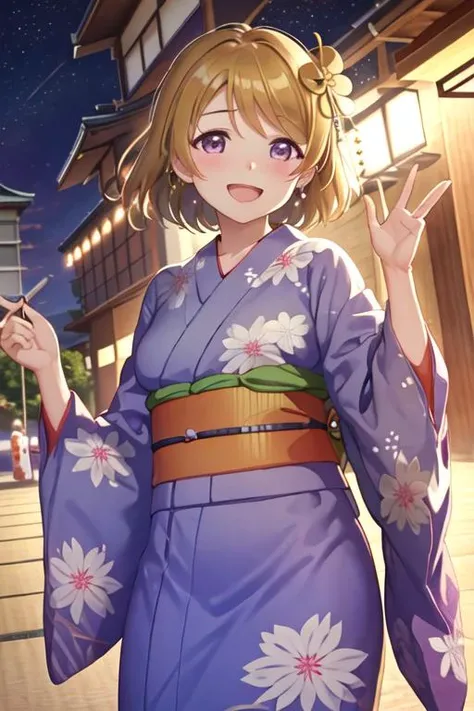 best quality, masterpiece, highres, solo, {yukata:1.40}, {kimono:1.20}, {koizumi_hanayo_lovelive:1.15}, short_hair, brown_hair, purple_eyes, smile, blush, open_mouth, hair_ornament