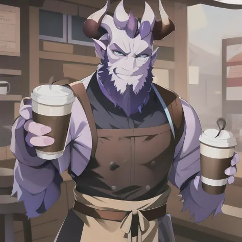 <lora:rikimaru_v4.1.1-anylora_anime-000017:0.9>, rikimaru, horns, confused, coffee shop, holding cup and paper cup, naked, apron, upper body, looking at viewer, closed right eye, (masterpiece, best quality)