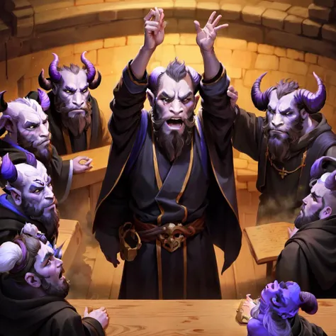<lora:rikimaru-v5_any-ani:0.7>, rikimaru, priest, long robe, black robe, church, horns:0.5, expressionless:0.8, looking up, arms up, screaming,