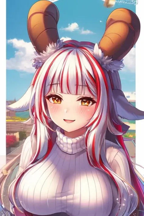 (masterpiece), (highest quality), <lora:freya-04:1>, freya, goat tail, goat ears, long hair, smile, sweater, portrait