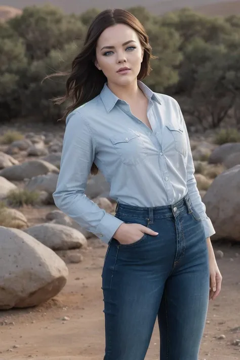 photo of Al3x1sT3x4s_HM-135, a woman, perfect hair, (modern photo), wearing long sleeve button-up shirt and jeans, 35mm medium telephoto (analog, cinematic, film grain:1.3), Martian Geological Base, Research facility studying the geology and geological history of Mars., detailed eyes, professional pose, (epiCPhoto), (looking at viewer:1.1), (cinematic shot:1.3), (butterfly style lighting), OverallDetail