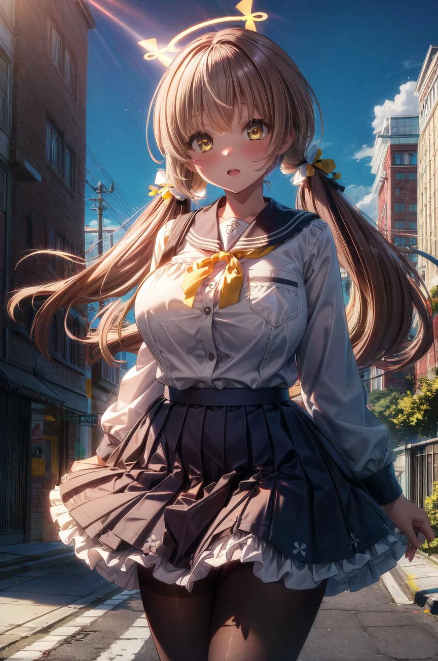 (volumetric lighting, Highres), (Detailed Illustration), Ultra-Detailed, 8k, nsfw, 1girl, solo, (masterpiece, best quality), highly detailed background, outdoors, street, blush, thick thighs, hifumi, yellow eyes, light brown hair, bangs, long hair, low twintails, tied, hair ribbon, halo, huge breasts, school uniform, long sleeves, sailor collar, yellow ribbon, bow, blue skirt, pleated skirt, frilled skirt, frills, black pantyhose, standing, long sleeves, hands on pocket <lora:add_detail:.6> <lora:hairdetailer:0.6> <lora:hifumi_scarxzys:0.8>