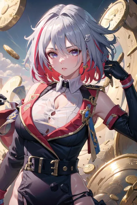 (masterpiece:1.3),(highly detailed:1.3),(highres:1.1),best quality,Ultra-detail,1girl,solo,jelotopaz,hair ornament,black jacket,collared shirt,cleavage,detached sleeves,black elbow gloves,belt,coin, full body, hotel bed, blush