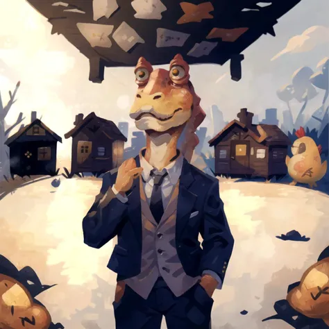 masterpiece, best quality, jar jar binks, Beautiful Art Style, 1girl, young woman, suit with jacket, draconian, chicken coop, arm behind head, <lora:20231105-1699176952397:0.8> graffiti, <lora:jarJarBinksGunganStar_v3:0.6>