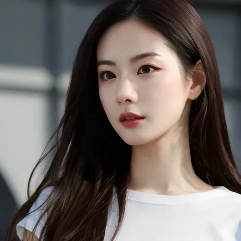 hyper realistic lifelike texture dramatic lighting unreal engine trending on art station, award winning photo, nikon RAW photo,8 k, Fujifilm XT3,masterpiece, best quality, realistic, photorealistic, ultra detailed, extremely detailed face, solo,1girl, standing, fashionable and trendy atmosphere, high-end makeup products, and a stylish expression on her face, close up, t-shirt,