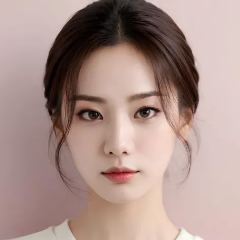 pink background, hyper realistic lifelike texture dramatic lighting unreal engine trending on art station, award winning photo, nikon RAW photo,8 k, Fujifilm XT3,masterpiece, best quality, realistic, photorealistic, ultra detailed, extremely detailed face, solo,1girl, standing, fashionable and trendy atmosphere, high-end makeup products, and a stylish expression on her face, close up, pink t-shirt, closed mouth, closed lips,