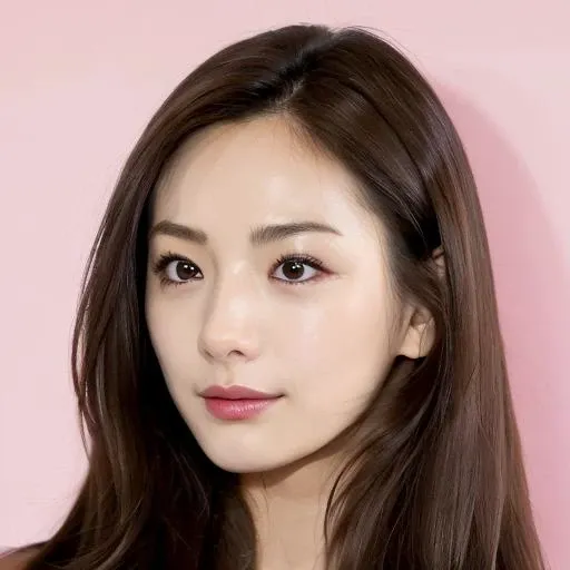 1girl, solo, realistic, looking at viewer, brown hair, upper body, long hair, closed mouth, pink background, make up,