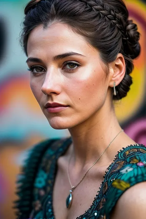 beautiful woman (Ch4rl13Murphy:.99), (( hair in updo  :1.2))  , ((portrait)), (closeup:1.2), ((from the waist up)), (((  A vibrant outdoor street art gallery, showcasing murals and graffiti art created by local and international artists :1.2 ))), natural skin texture,  ((  Slip dress :1.2)), 24mm, 4k textures, soft cinematic light, adobe lightroom, photolab, hdr, intricate, elegant, highly detailed, sharp focus, ((((cinematic look)))), soothing tones, insane details, intricate details, hyperdetailed, low contrast, soft cinematic light, exposure blend, hdr, faded, now, ("I've got a bad feeling about this.":1.1)