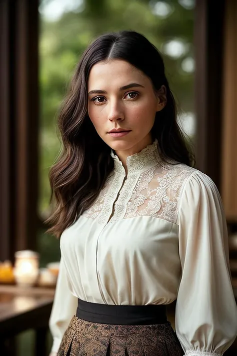 beautiful woman (Ch4rl13Murphy:.99) , ((portrait)), (closeup:1.2), ((from the waist up)), ((( A tranquil, modern tea house, filled with a variety of exotic teas and a calming ambiance :1.2 ))), natural skin texture, (( High-neck blouse and flared skirt :1.2)), 24mm, 4k textures, soft cinematic light, adobe lightroom, photolab, hdr, intricate, elegant, highly detailed, sharp focus, ((((cinematic look)))), soothing tones, insane details, intricate details, hyperdetailed, low contrast, soft cinematic light, exposure blend, hdr, faded, now, ("I've got a bad feeling about this.":1.1)