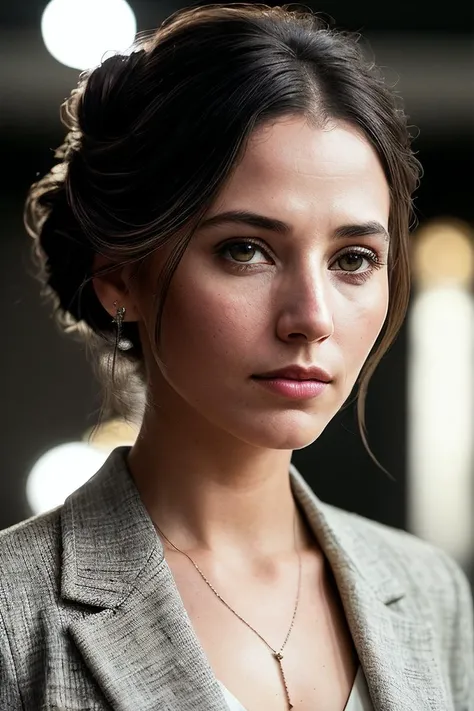 beautiful woman (Ch4rl13Murphy:.99), (( hair in updo :1.2)) , ((portrait)), (closeup:1.2), ((from the waist up)), ((( A sustainable fashion incubator and accelerator program, supporting and mentoring emerging sustainable fashion brands and designers :1.2 ))), natural skin texture, (( Tailored blazer and high-waisted shorts :1.2)), 24mm, 4k textures, soft cinematic light, adobe lightroom, photolab, hdr, intricate, elegant, highly detailed, sharp focus, ((((cinematic look)))), soothing tones, insane details, intricate details, hyperdetailed, low contrast, soft cinematic light, exposure blend, hdr, faded, now, ("I've got a bad feeling about this.":1.1)