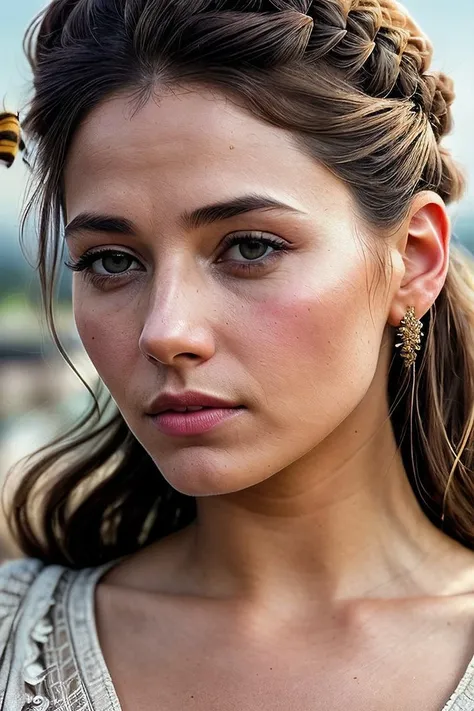beautiful woman (Ch4rl13Murphy:.99), (( hair in updo :1.2)) , ((portrait)), (closeup:1.2), ((from the waist up)), ((( A modern rooftop bee farm, promoting urban beekeeping and producing artisanal honey :1.2 ))), natural skin texture, (( Boho maxi dress :1.2)), 24mm, 4k textures, soft cinematic light, adobe lightroom, photolab, hdr, intricate, elegant, highly detailed, sharp focus, ((((cinematic look)))), soothing tones, insane details, intricate details, hyperdetailed, low contrast, soft cinematic light, exposure blend, hdr, faded, now, ("I've got a bad feeling about this.":1.1)