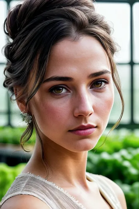 beautiful woman (Ch4rl13Murphy:.99), (( hair in updo :1.2)) , ((portrait)), (closeup:1.2), ((from the waist up)), ((( A contemporary rooftop greenhouse, growing a variety of organic vegetables and herbs using hydroponic and vertical farming techniques :1.2 ))), natural skin texture, (( Trapeze dress :1.2)), 24mm, 4k textures, soft cinematic light, adobe lightroom, photolab, hdr, intricate, elegant, highly detailed, sharp focus, ((((cinematic look)))), soothing tones, insane details, intricate details, hyperdetailed, low contrast, soft cinematic light, exposure blend, hdr, faded, now, ("I've got a bad feeling about this.":1.1)